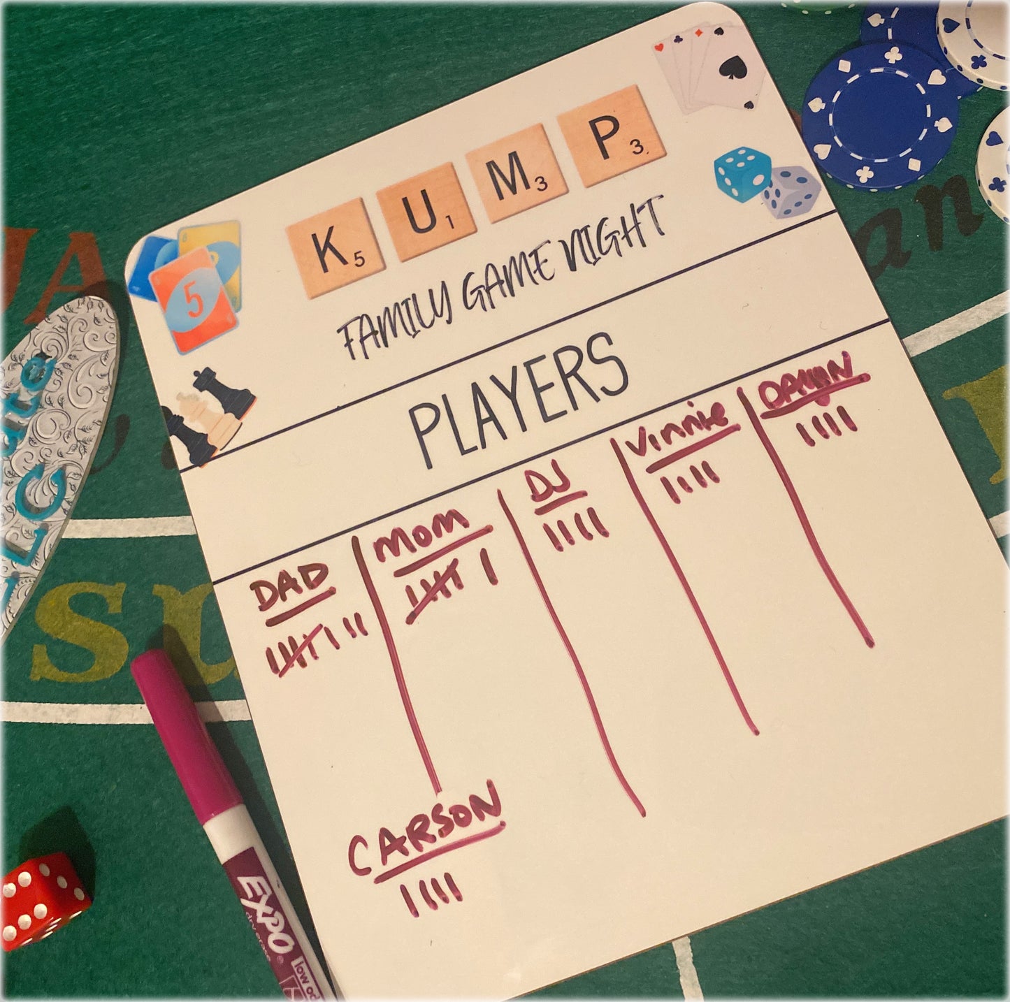 Dry erase family game night score board
