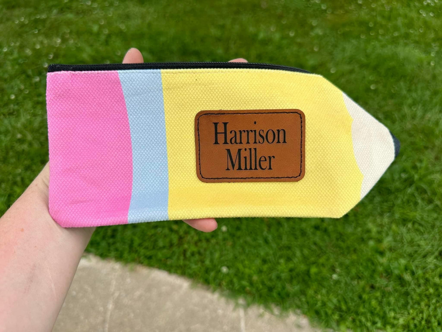 Laser engraved leather patch pencil pouch