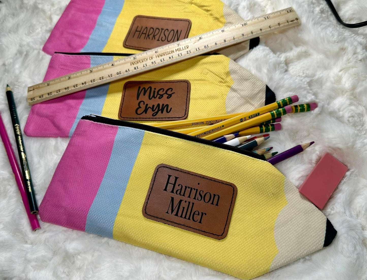 Laser engraved leather patch pencil pouch