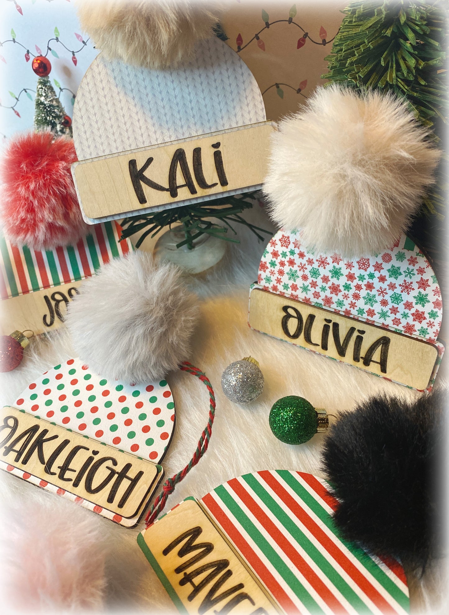 Custom engraved beanie hat ornaments