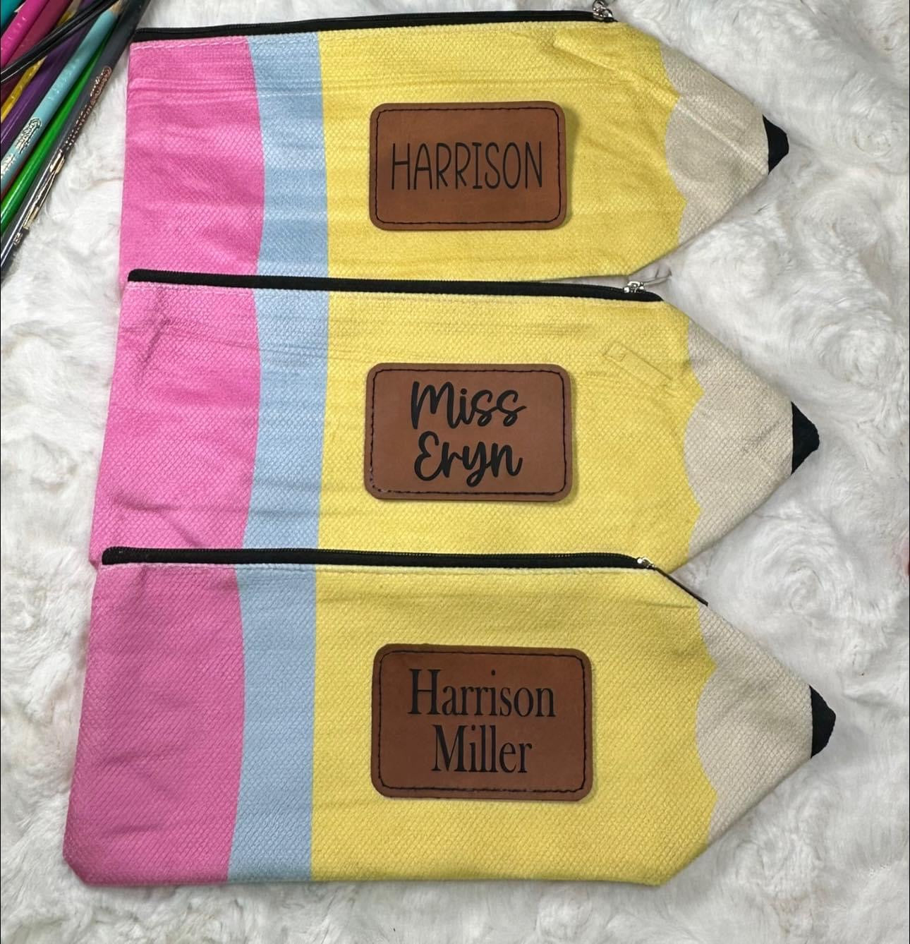 Laser engraved leather patch pencil pouch