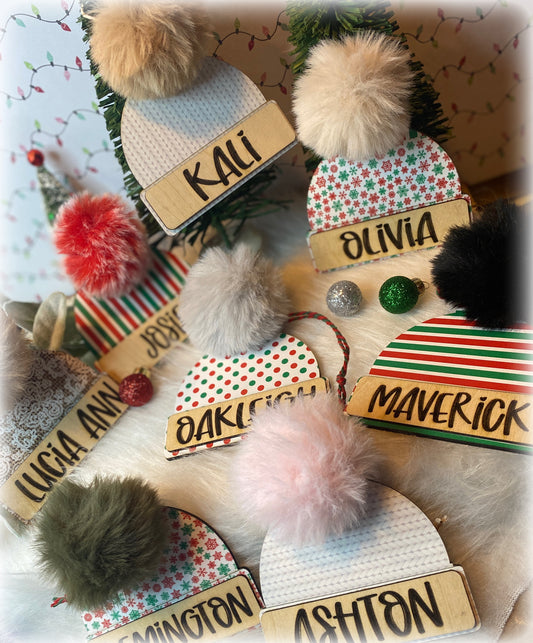 Custom engraved beanie hat ornaments