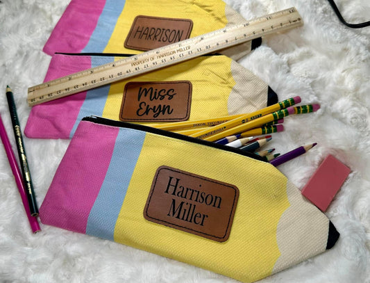 Laser engraved leather patch pencil pouch