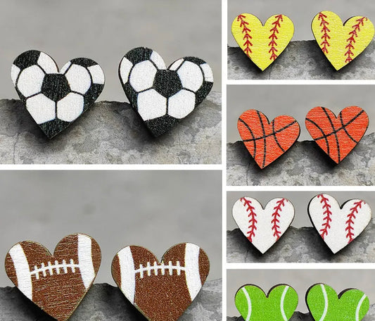 Sports wooden heart stud earrings